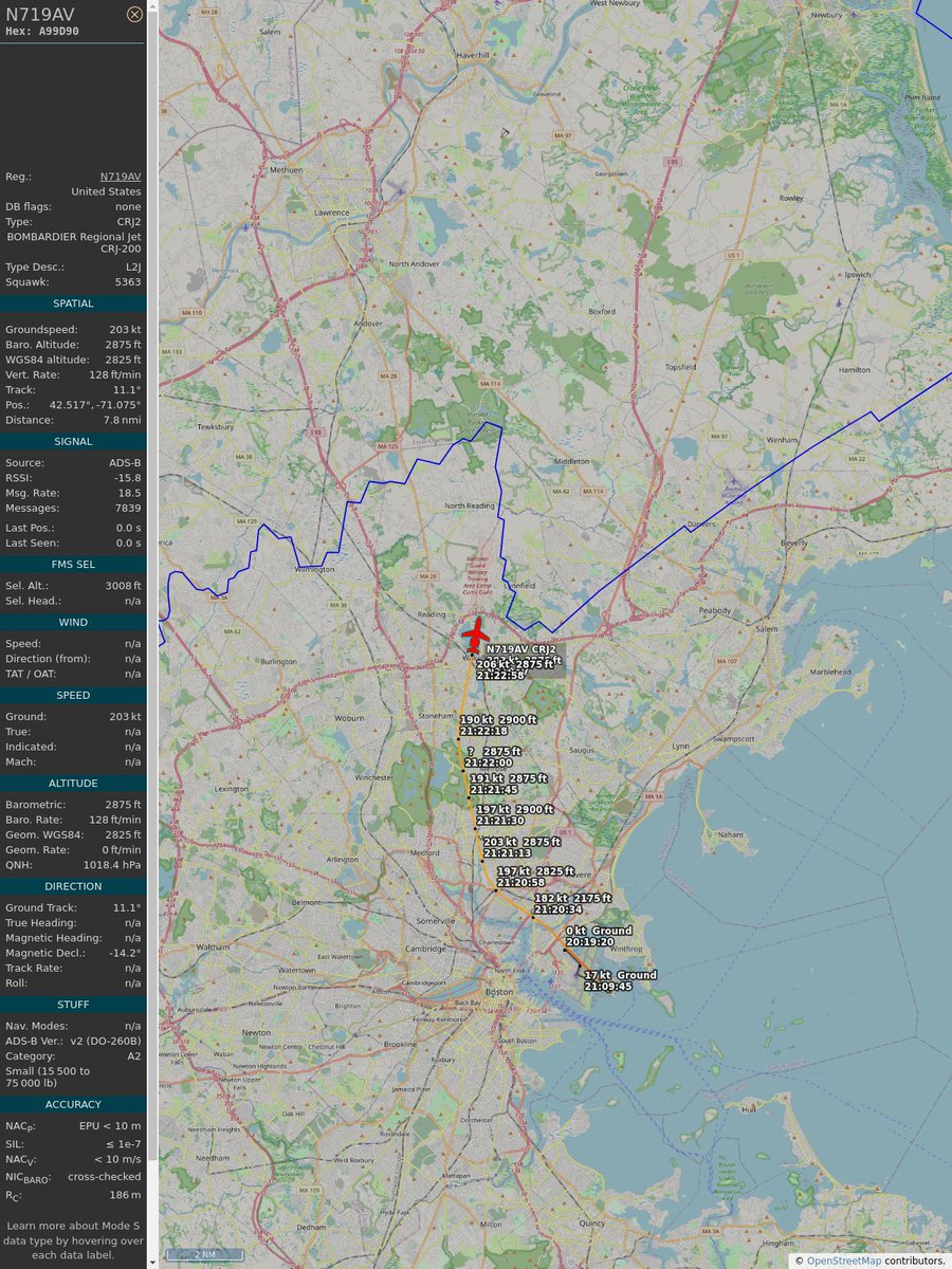 AboveMedford's tweet image. ICAO: #A99D90
Flt: #N719AV #BANKOFUTAH #BED-#TEB
First seen: 2023/02/14 16:21:12
Min Alt: 2875 ft MSL
Min Dist: 1.49 mi

#planefence #adsb - planefence.com/medford
globe.adsbexchange.com/?icao=a99d90