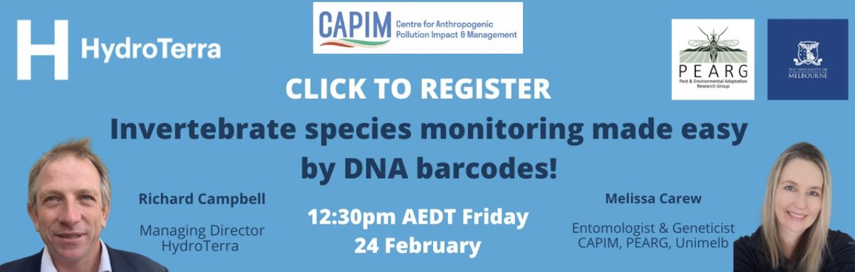 Dr Melissa Carew @PEARG_Lab is a pioneer in DNA tools for identifying, assessing & quantifying invertebrate diversity. Her work greatly increases our capacity to undertake effective monitoring & modelling. Learn more on Fri 24 Feb 12.30PM AEDT Register: us06web.zoom.us/webinar/regist…