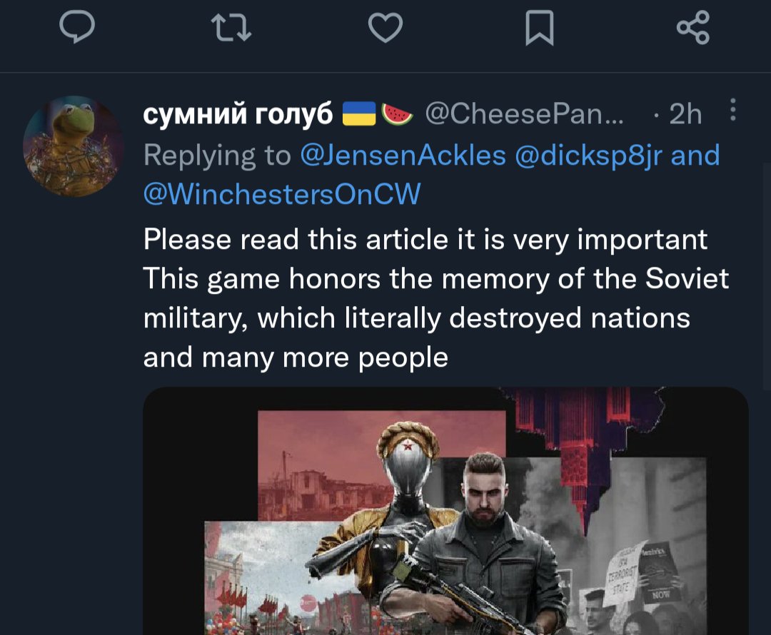 loftipixels's tweet photo. Jensen Ackles (The Boys) is getting cancelled today for "supporting genocide" bc he appeared in the latest Atomic Heart trailer.

#AtomicHeart https://t.co/ppBiJ2wLh6