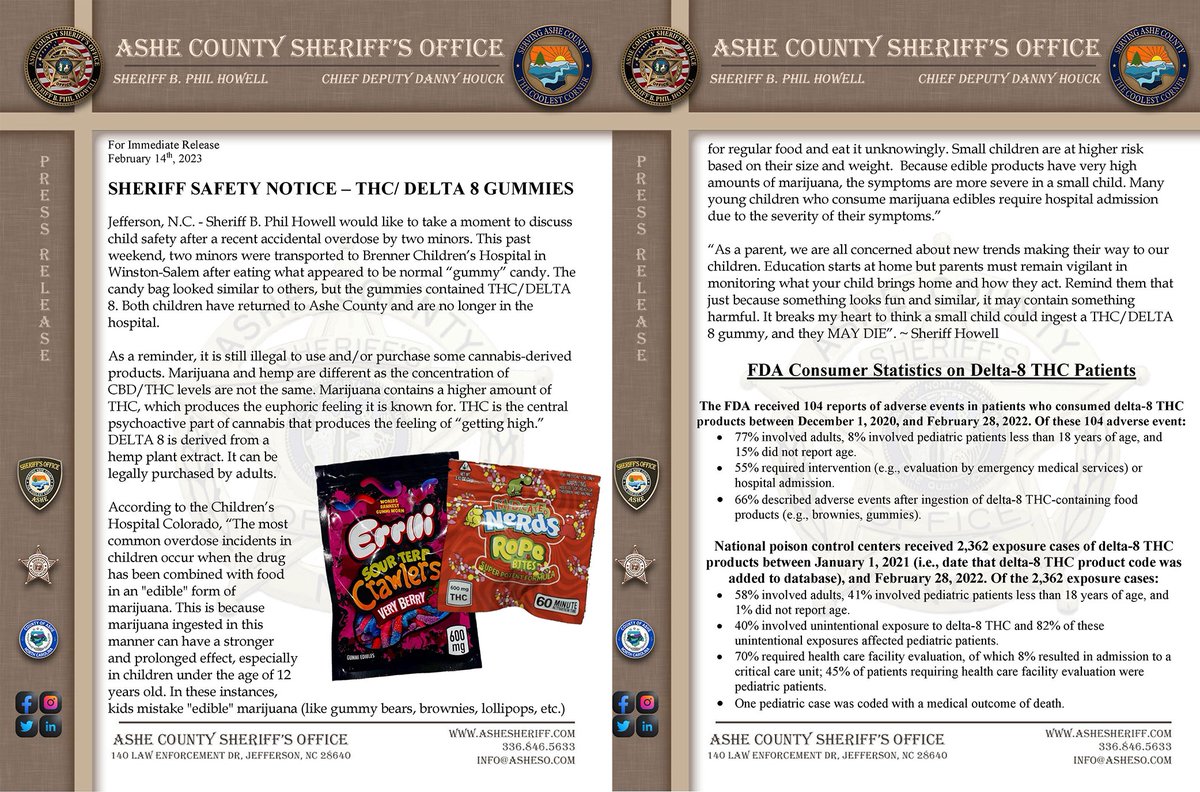 SheriffAshe's tweet photo. SHERIFF SAFETY NOTICE - THC GUMMIES

Jefferson, N.C. - Sheriff B. Phil Howell would like to take a moment to discuss child safety after a recent accidental overdose by two minors. As a reminder, it is still illegal to use and/or purchase some cannabis-derived products. https://t.co/xAMBWv9aVF