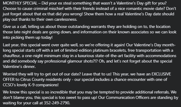 SheriffCitrus's tweet photo. Citrus - We have an incredible monthly special going on for Valentine's Day! Last year, this special went over quite well, so we're offering it again! This time with an EXCLUSIVE offer for Citrus County residents.
#ValentinesDay #CCSOconnecting
(1734) https://t.co/kt1ITCWCC9