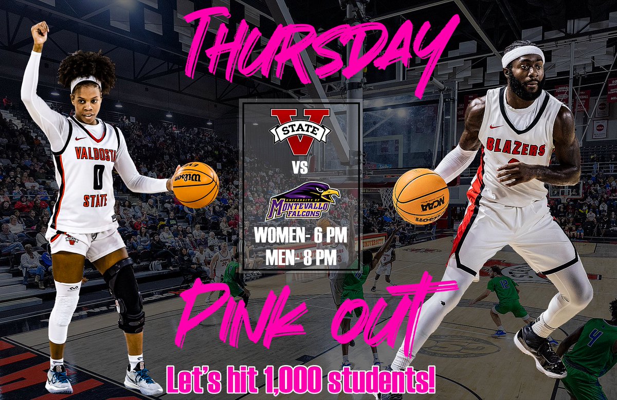 VState_MBB's tweet photo. 🚨🚨Students!!! Let’s pack out The Plex on Thursday night‼️ Be here at 6 for the women’s game and 8 for the men’s game‼️ Let’s hit 1k students‼️#packtheplex #pinkout https://t.co/Bjap7QBoBa