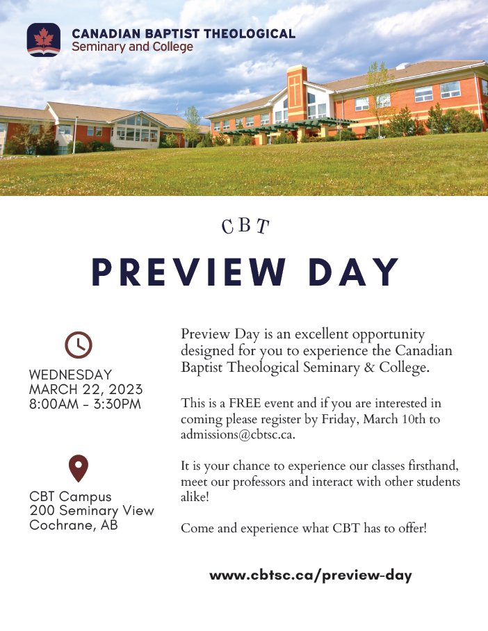 CNBCca's tweet photo. Have you ever considered pursuing theological training? 
Preview Day is an excellent opportunity
designed for you to experience the Canadian Baptist Theological Seminary &amp; College! @cbt_sc https://t.co/IwTkzhFZMk