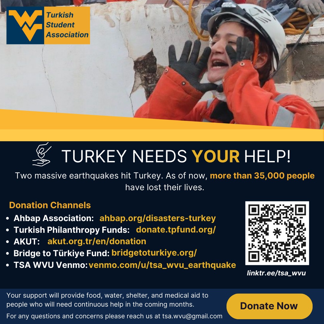 🚨 URGENT APPEAL 🚨 Let's come together and show our support for those in need during this difficult time. Please share this post and spread the word!

#Morgantown #WVU #Mountaineer #EarthquakeRelief #Earthquake #HelpingHands #WVUMountaineers #WestVirginia #Donation #Turkey