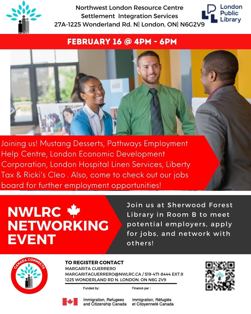 Join us this Thursday February 16 from 4pm to 6pm for our upcoming Canada Connects Networking Event at Sherwood Forest Library in meeting room B
#NWLRC #JobSearch #Network #ImmigrationMatters #PRs #Collaboration #partnerships