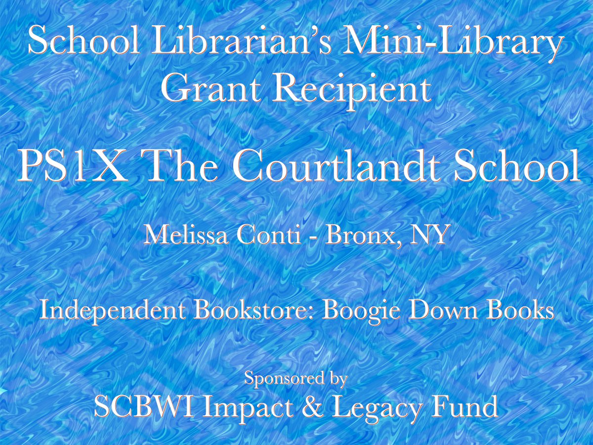 FedericoErebia's tweet photo. ANNOUNCING THE FEBRUARY 2023 RECIPIENTS:
SCHOOL LIBRARIAN'S MINI-LIBRARY GRANTS
PS1X The Courtlandt School, Bronx NY
Librarian: Melissa Conti
@SCBWI @SCBWIImpact
#Librarian #Librarians #LibrarianTwitter #LibrariansOfTwitter #BookTwitter #SLML #Books
2 of 5 https://t.co/dRDyn12Fqk
