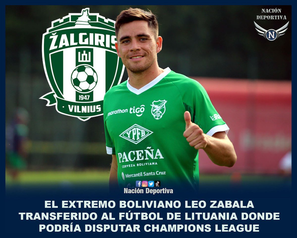 NacionDeportBo's tweet photo. 🔥VACA A LITUANIA🇧🇴⏩🇱🇹
Leonardo Vaca 🇧🇴es la nueva incorporación del #FCZalgiris de Lituania 🇱🇹, equipo que disputará la primera fase de clasificación a la UEFA #ChampionsLeague 🌐
#FichajesBo ⚽️🏟🇧🇴 https://t.co/qg1RThWpiZ