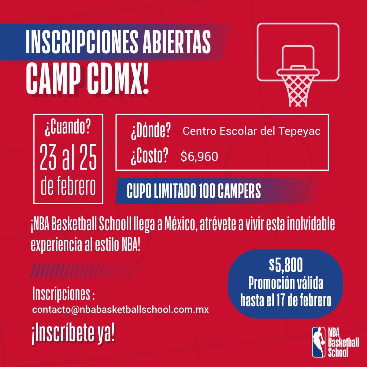 NBAMEX's tweet photo. ¡Atentos fans en CDMX! Ya están abiertas las inscripciones para este Basketball Camp en CDMX. 🏀🔥 Inscripciones en: contacto@nbabasketballschool.com.mx #nbabasketballschool #basketballschool #NBA https://t.co/wS41SlrGFY