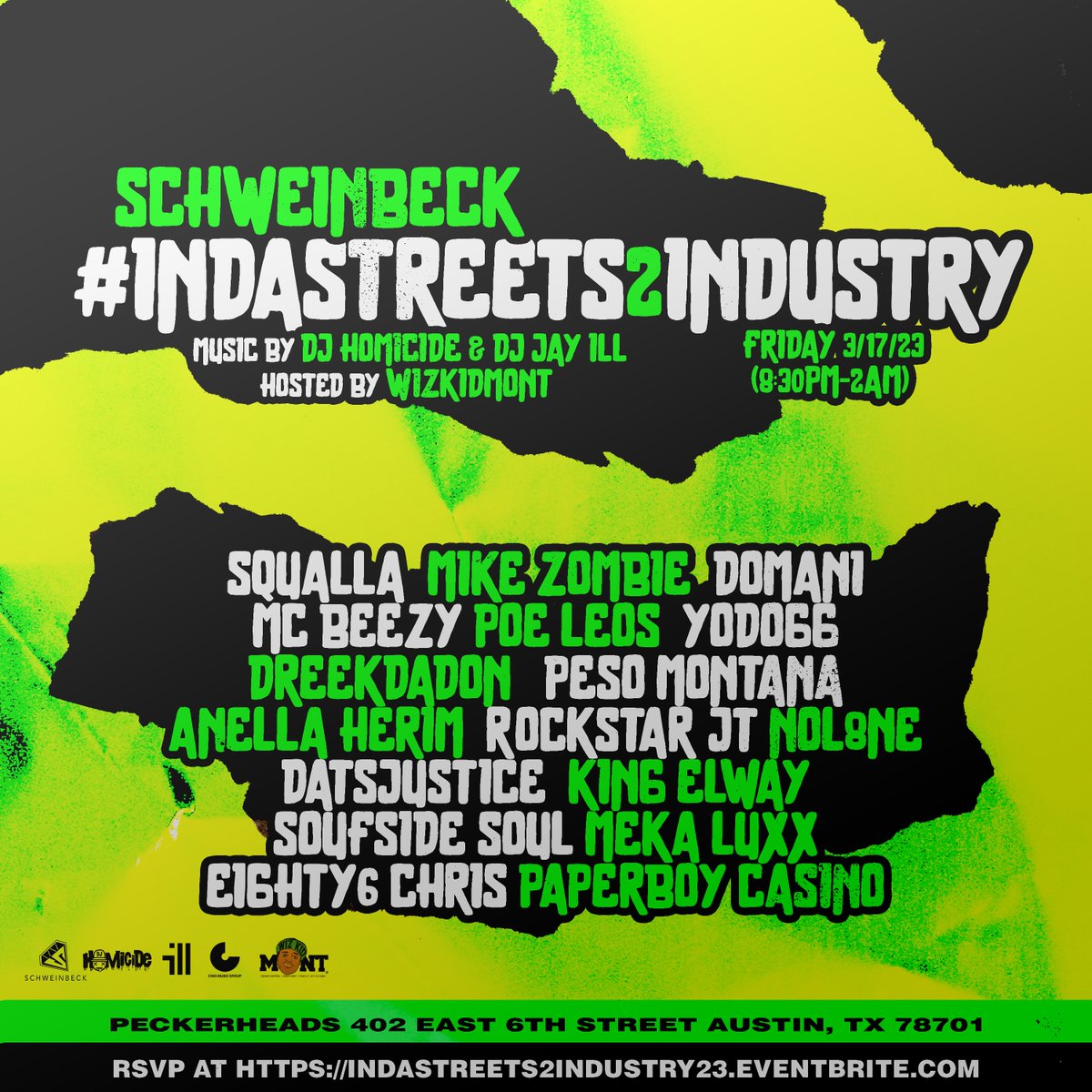 schweinbeck's tweet photo. Austin, TX! #InDaStreets2Industry is back Friday March 17th @Peckerheads w/ @iLLTenacity + @djhomicidemmg + @wizkidmOnt from 8:30pm-2am! FREE RSVP: https://t.co/3t2cy9Af0e https://t.co/l1OfWXp75e