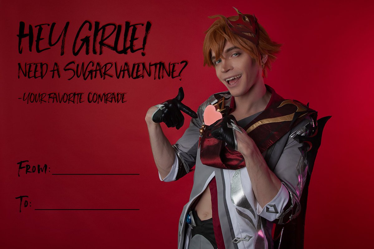 Valentine card from your Eleven Fatui Harbinger! Don't forget to send this card to someone special! Maybe it’s you? 😘

#tartaglia #tartagliacosplay #GenshinImpact