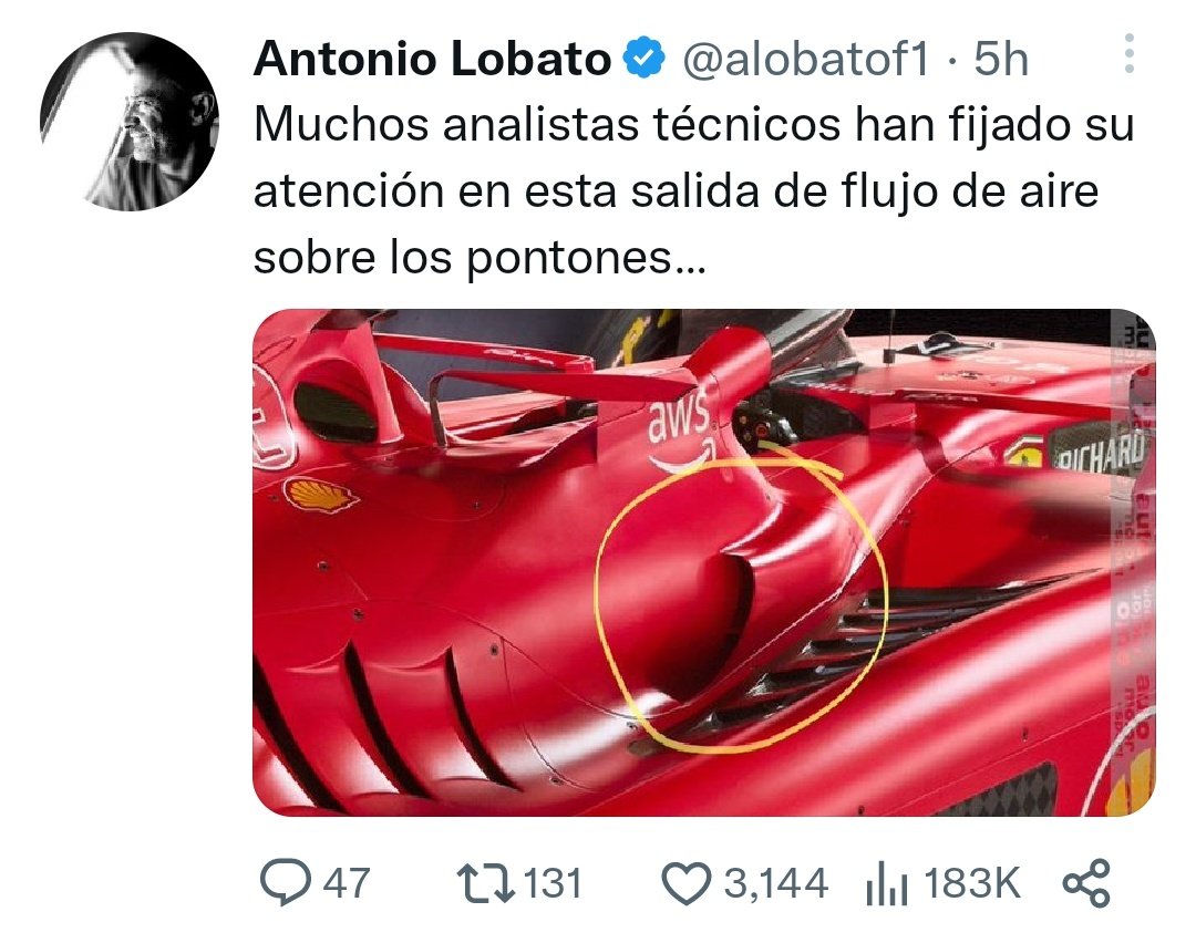 fitzracingf1's tweet photo. ¿Ferrari al límite del reglamento o coche ilegal? Este alerón tipo sierra fue baneado por la FIA para Mercedes en 2022, además de la nueva "salida de flujo de aire" incorporada en los pontones qué está dando mucho de que hablar. https://t.co/qxLOdd0loW