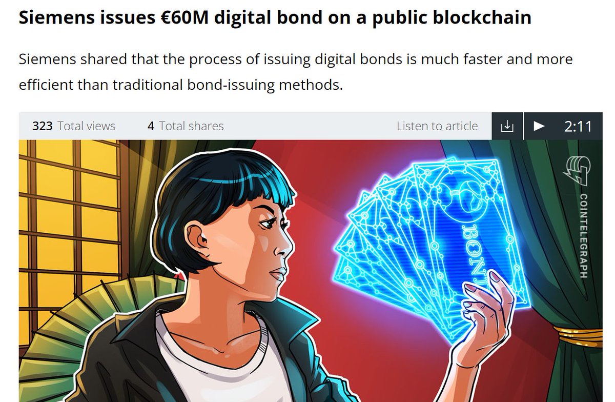 StandfieldKen's tweet photo. German engineering and technology giant Siemens has become one of the first companies in Germany to issue a digital bond on a public blockchain worth €60 million, with a maturity of one year, in accordance with Germany’s Electronic Securities Act. https://t.co/9yeuBXor6P