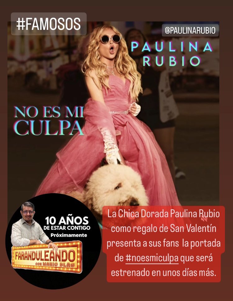 MARIOTAPACHULA's tweet photo. #faranduleando
#famavip
La Chica Dorada @paulinarubio festeja con sus fans SAN Valentín con este mensaje
“❤ Que VIVAAA el #AMOR ❤
#happyvanletinesday💕 ... Babies aqui les dejo la portada de #NoEsMiCulpa y el #presave link para celebrar!!!❤️ 23/2/23“ https://t.co/qsEFEkL3uy