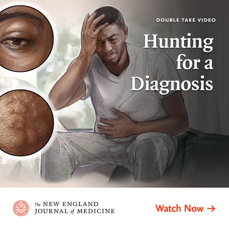 NEJM's tweet photo. Watch “Hunting for a Diagnosis,” a new Double Take video that highlights the effects of #ClimateChange on health through an illustrative patient case: