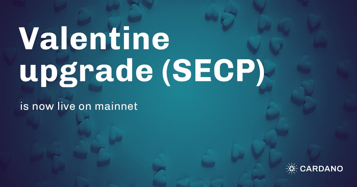 Happy St. Valentine’s day. 💙

We are pleased to report that the #Valentine upgrade – support for #Plutus SECP cryptographic primitives – is now live on the #Cardano mainnet.

1/4