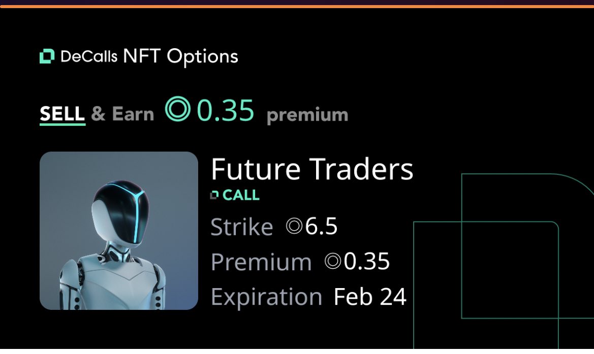 JCTheStack's tweet photo. My first call option using @DeCallsNFT  options. I can buy another FT for 6.5 sol with a premium of 0.35 even if we moon to 20 SOL!! Small price to pay!! @DeCallsNFT_GOLD https://t.co/sq9h9qgpst