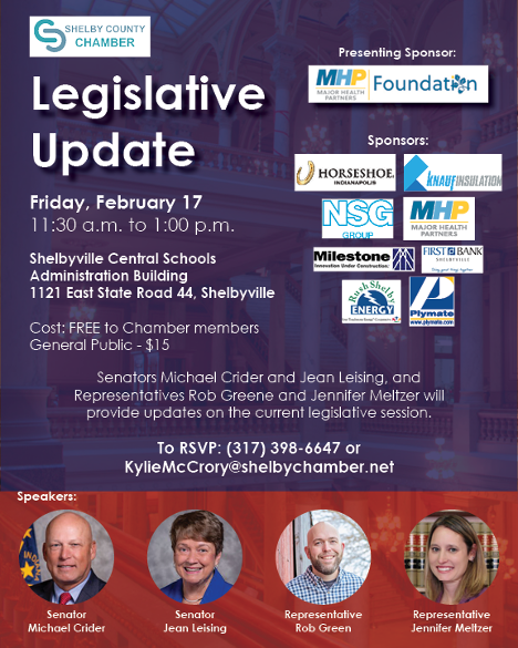 ShelbyCoC_IN's tweet photo. We still have limited seating!  Register right now!  Free of Shelby County Chamber members, $15 for non-members.  #LinkingUsTogether #WeAreShelbyCounty #legislative #update https://t.co/yDmErQ2GRv