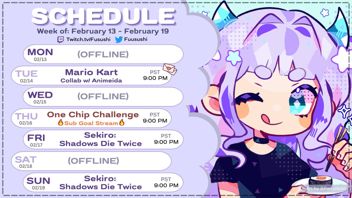 fuusushi's tweet photo. 🍣Schedule 02/13-02/19 PST🍣

Starting the week off with a super EPIC collab w/ @animeidaa!! I’ll also be attempting to finish Sekiro and finally doing the one chip challenge for our sub goal!! 🔥 See you soon~

🔗⬇️ https://t.co/L2pDyoYe7o