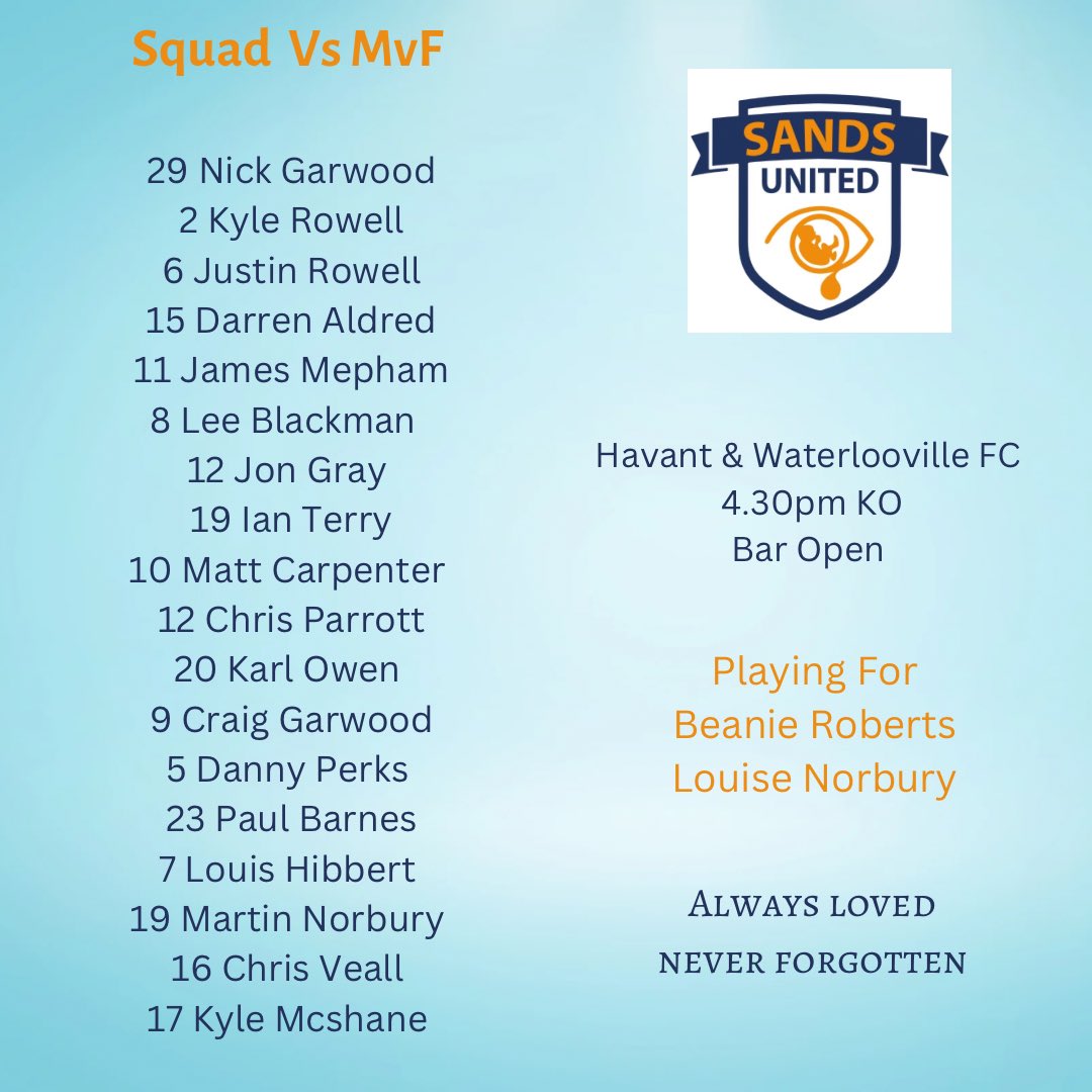 Sundays squad to face MvF at <a href="/HWFCOfficial/">Havant & Waterlooville FC</a> ⚽️ 
In memory of <a href="/LiamRobbo17/">Liam Roberts</a> <a href="/DontWork_Friday/">I don't work Fridays</a> angels 🧡💙