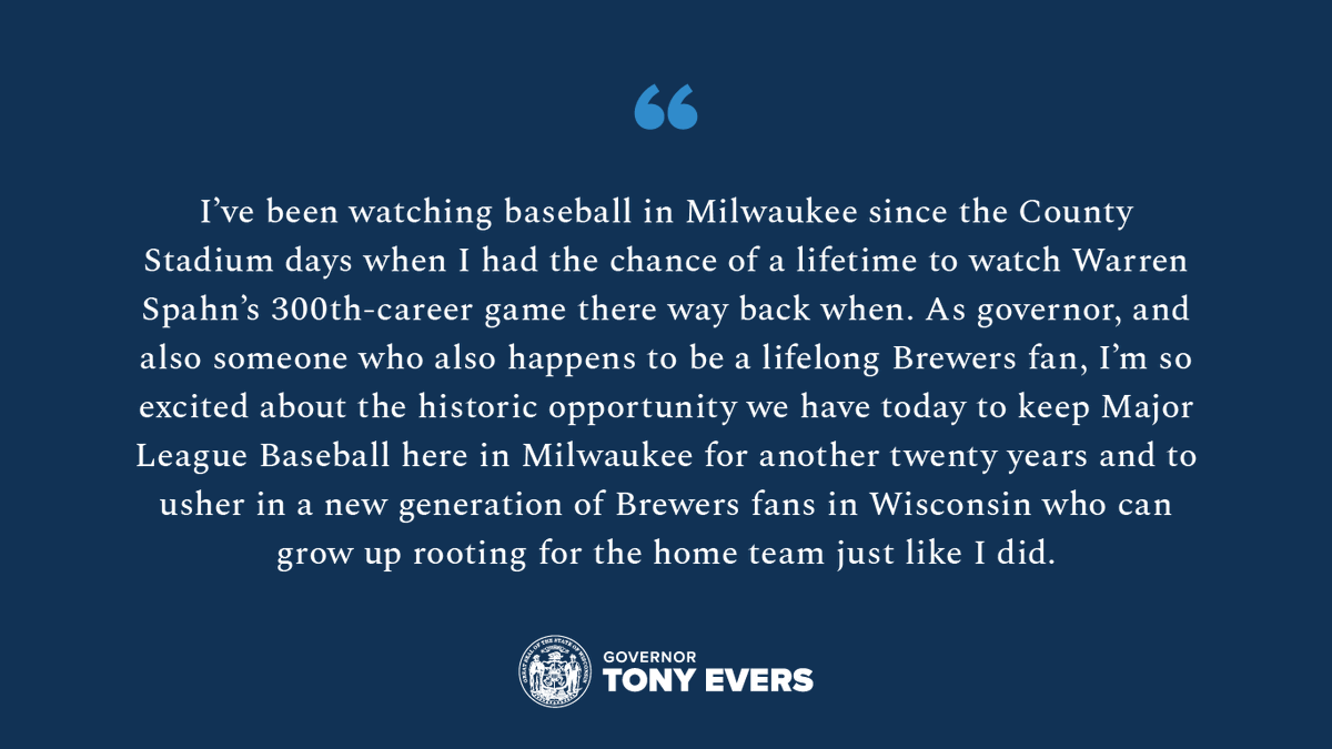 GovEvers's tweet photo. The @Brewers are a cherished part of Wisconsin's history and critical to Milwaukee's and our state's success. 

Using a small portion of our surplus, we can save more than $200 million in the long run and keep the Brewers in Milwaukee for 20 more years. #ThisIsMyCrew https://t.co/pdf0nukP7j