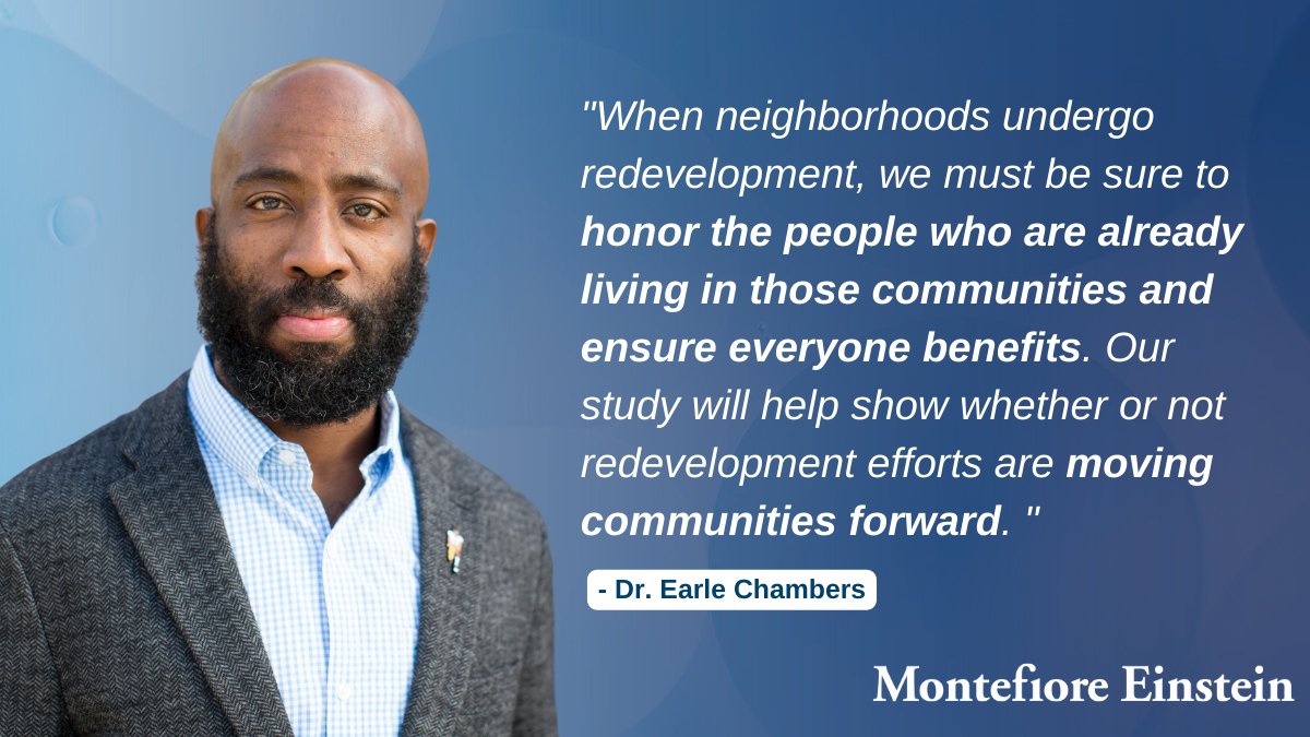 Montefiore Health System (@montefiorenyc) on Twitter photo Researchers led by <a href="/EarleChambers/">Earle Chambers</a> have received a $2.9M <a href="/NIH/">NIH</a> grant to study how neighborhood redevelopment affects the heart health of older Black and Hispanic residents in #TheBronx.
Read more: bit.ly/3YvpG9X <a href="/EinsteinMed/">Albert Einstein College of Medicine - Official</a> #SDOH Researchers led by <a href="/EarleChambers/">Earle Chambers</a> have received a $2.9M <a href="/NIH/">NIH</a> grant to study how neighborhood redevelopment affects the heart health of older Black and Hispanic residents in #TheBronx.
Read more: bit.ly/3YvpG9X <a href="/EinsteinMed/">Albert Einstein College of Medicine - Official</a> #SDOH