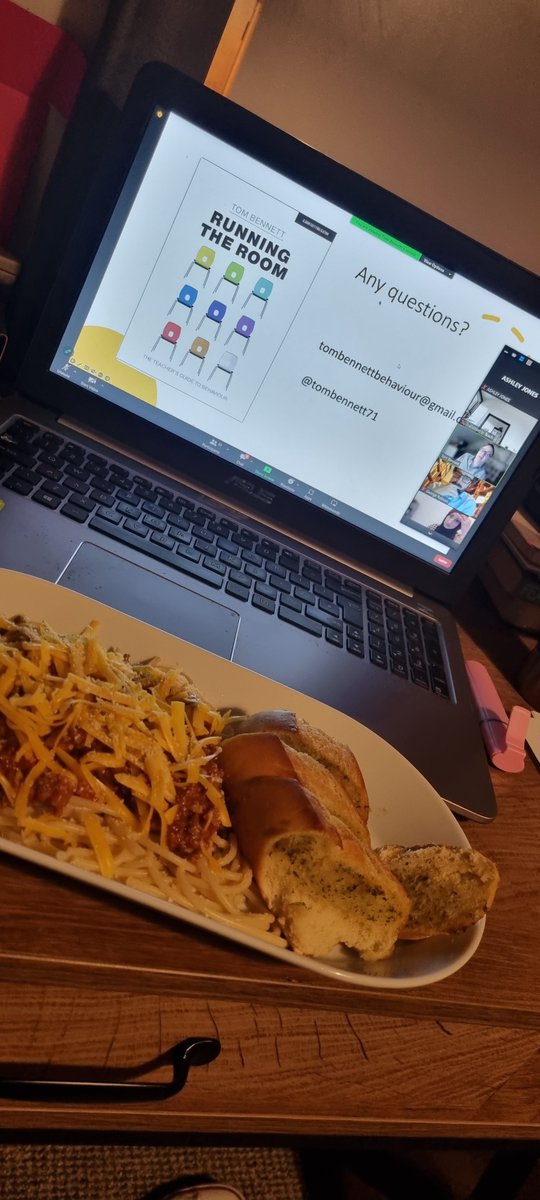 MI5S_JONES's tweet photo. When it's been a long day and you're on a twilight and your better half brings up your tea. Sorry Tom but the camera is off. I will eat but 
promise to attentively listen. Great behaviour training @tombennett71 

#ITT #behaviour #runningtheroom #badzoometiquette @PrestoleeScitt https://t.co/44uWhcahFN
