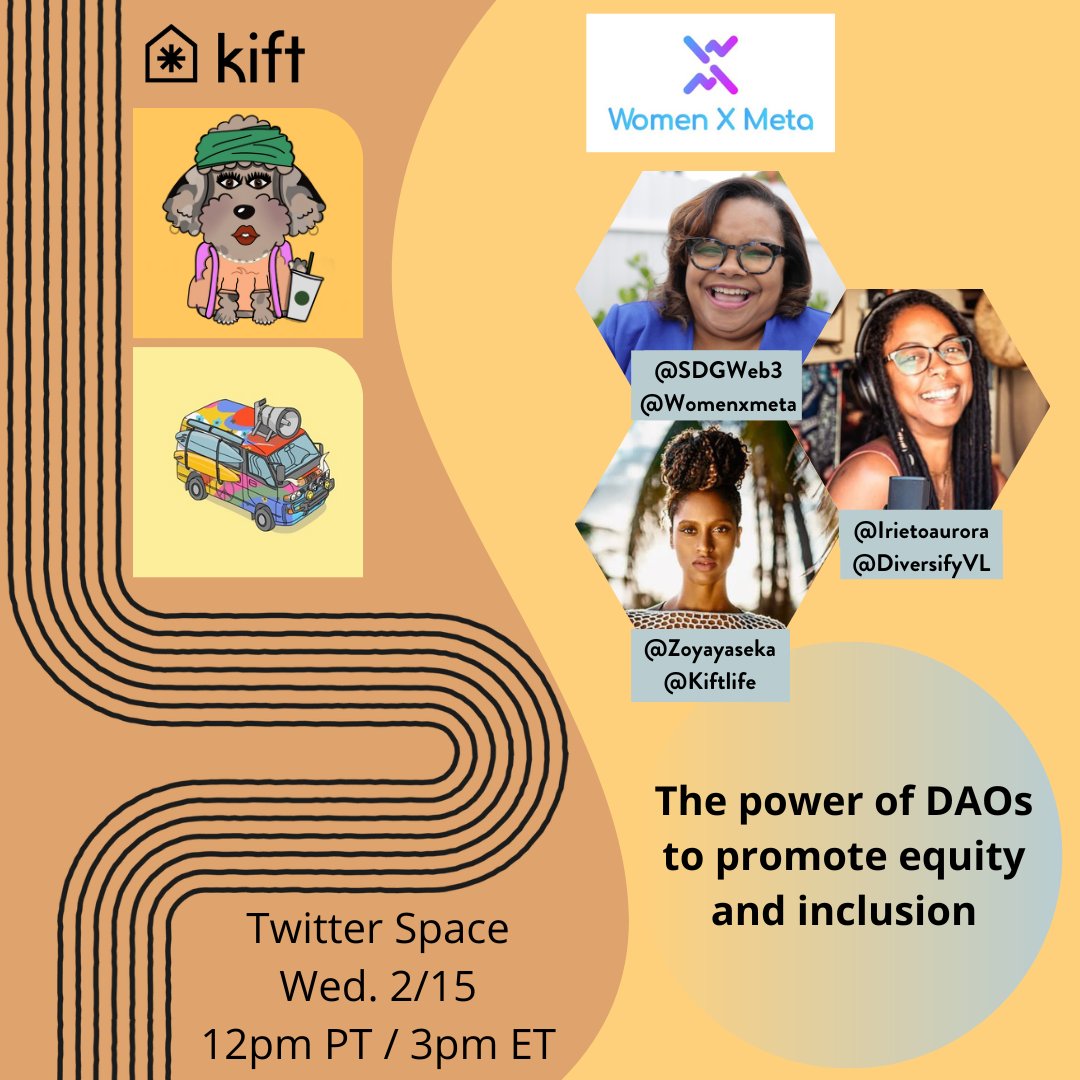 How can DAOs promote equity &amp; inclusion?

Join us Wed 2/15 @ 12pm PT as we discuss approaches to inclusive community building with <a href="/SDGWeb3/">SoVonna Day-Goins</a> <a href="/womenxmeta/">WxM | Podcast Now Live</a>, <a href="/irietoaurora/">Irietoaurora</a> <a href="/DiversifyVL/">Diversify Vanlife</a>,  &amp; <a href="/zoyayaseka/">Zoya Yaseka 🧘🏽‍♀️🌱⚡️</a> 💓

Set a reminder 👇
x.com/i/spaces/1yoKM…

+ RT to raise awareness 💌