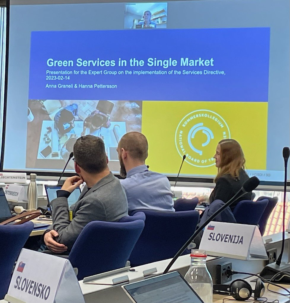 ACouradesA's tweet photo. Trade in services is key in achieving the #greentransition. Colleagues Anna Graneli and Hanna Pettersson presented today their analysis at the Expert Group on the implementation of the Services Directive. Link to report: https://t.co/MUN9Xjsiec https://t.co/gaQRjbvU1y