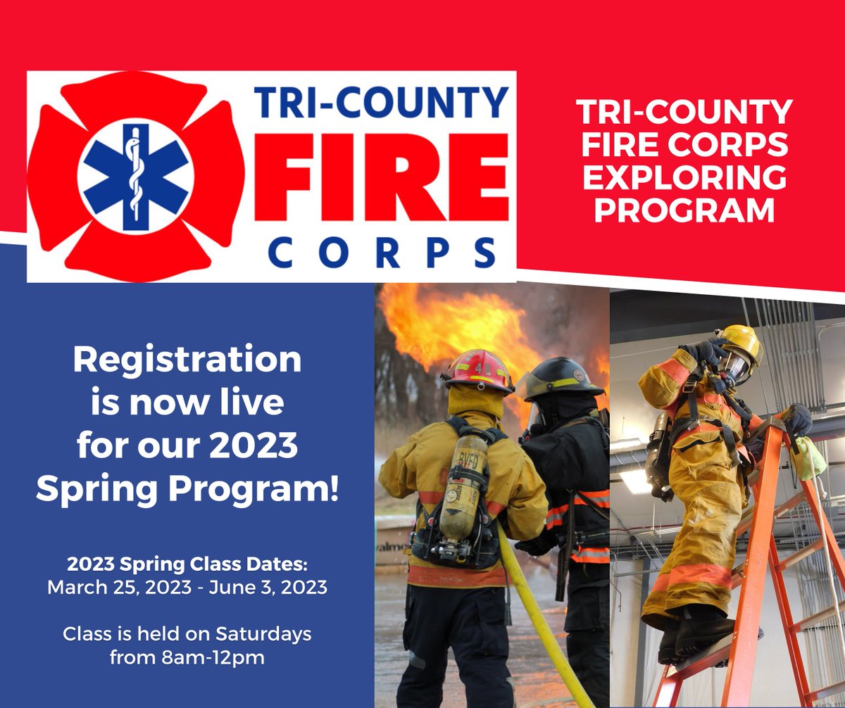 Registration is open for our 2023 Spring Class! This is a great opportunity for students to discover a career in the fire service through exploring. Class begins on Saturday, March 25th and the cost for the program is $50/student.

scoutingevent.com/326-TCFCS23