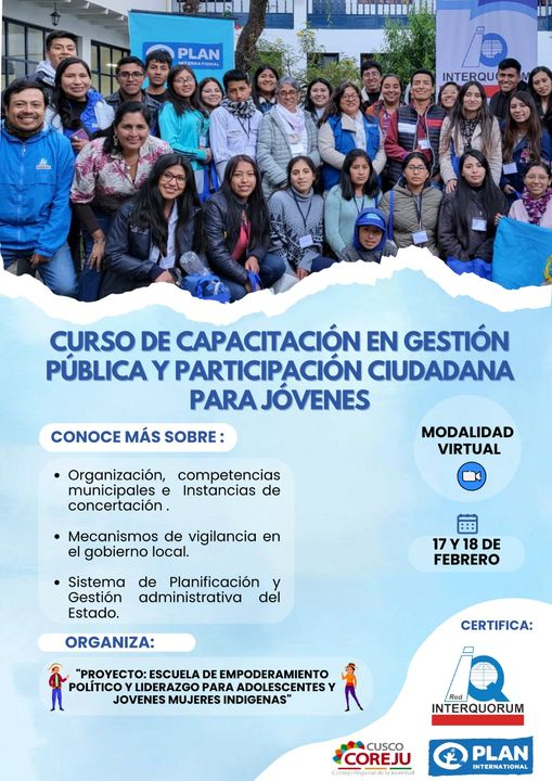 Red_Interquorum's tweet photo. Convocatoria, comparte, pasa la voz!  
La @Red_Interquorum y @PlanGlobal te invitamos a participar del curso "#GestiónPública y #ParticipaciónCiudadana para #Jóvenes"

#Perú #Juventudes https://t.co/1ak0DHUb6l