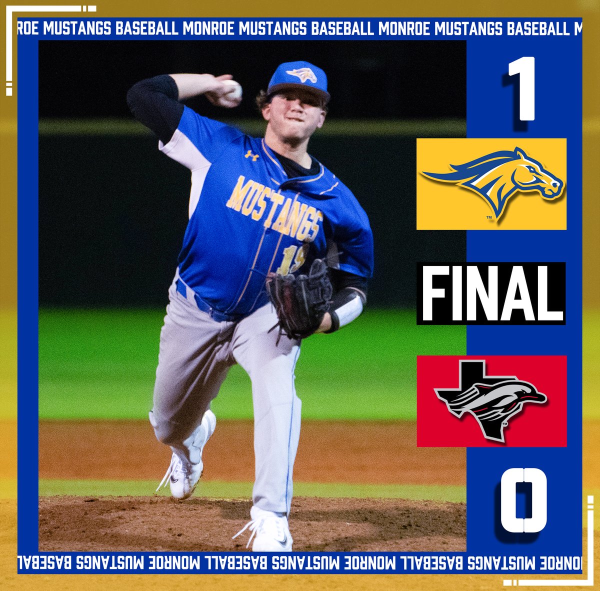 A terrific performance by Samuel Herrera gets the Mustangs their first W of the season!

Herrera Ks 10 across 7 shutout innings to lift the Mustangs to a 1-0 shutout victory over #15 Alvin!

#GoHereGrowHere