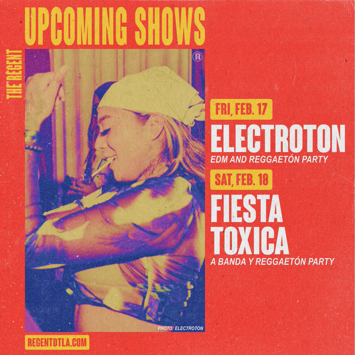 Happy Valentine’s Day, we’ve got a reggaetón takeover this week at The Regent! 🔥 Fri. 2/17 | Electroton EDM and reggaetón party 👾 Sat. 2/18 | Fiesta Toxica A banda y reggaetón Party 🤠 Tix and more info available at regentdtla.com 🎫