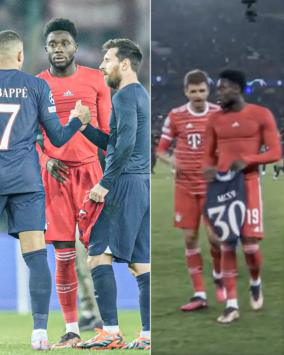 ESPNFC's tweet photo. In 2020, Alphonso Davies asked Lionel Messi for his shirt after Bayern beat Barcelona 8-2.

He said Messi 'was a little bit upset' and hoped he'd get it next time.

Today, he finally got his shirt ❤️ https://t.co/AOKvZFvrH6