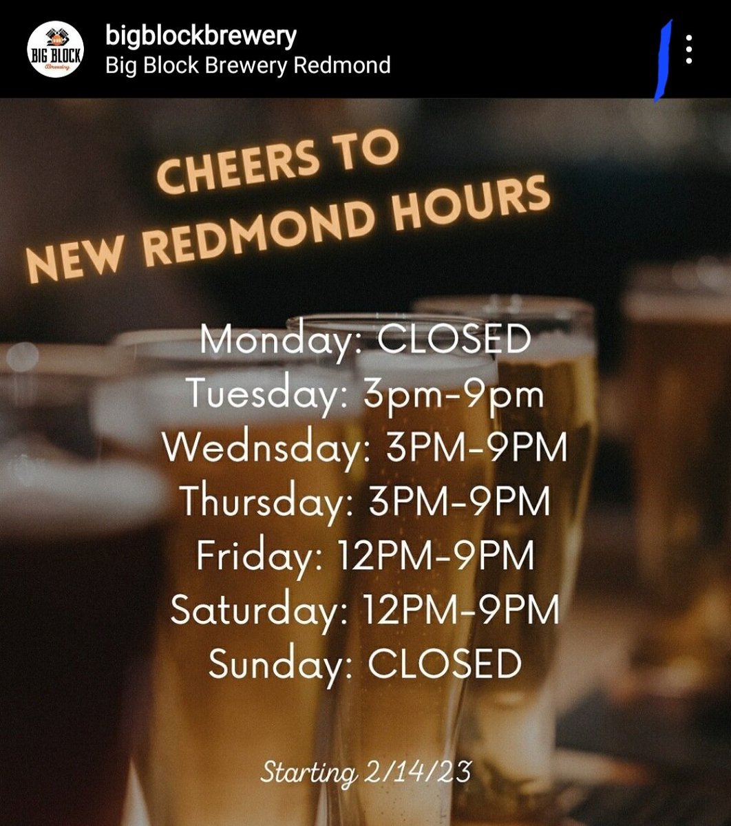 New hours for BBB Redmond! Join us for a pint or 2. 
#ValentinesDay #thisbeerwontdrinkitself  #Eastside #beer