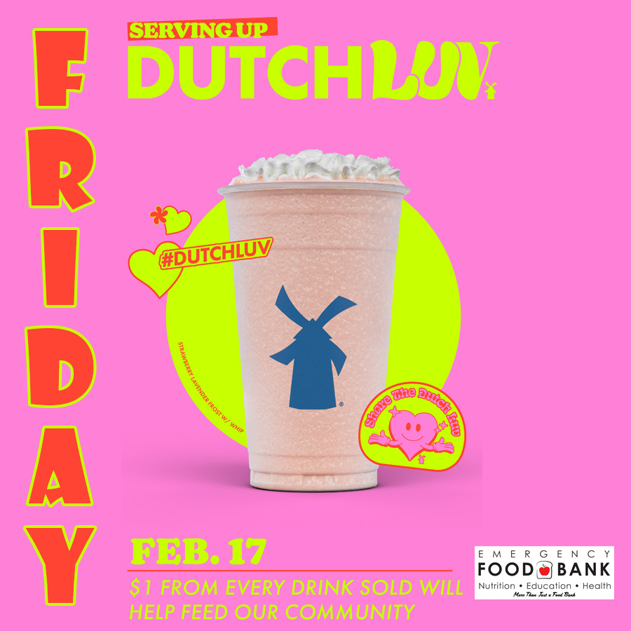 EFBFS's tweet photo. Celebrate DutchLuv! Stop by any Stockton @DutchBros THIS FRIDAY for your fave drink and feed our community. $1 from every drink sold will be donated to the Emergency Food Bank! https://t.co/CkvlcH0Hhs