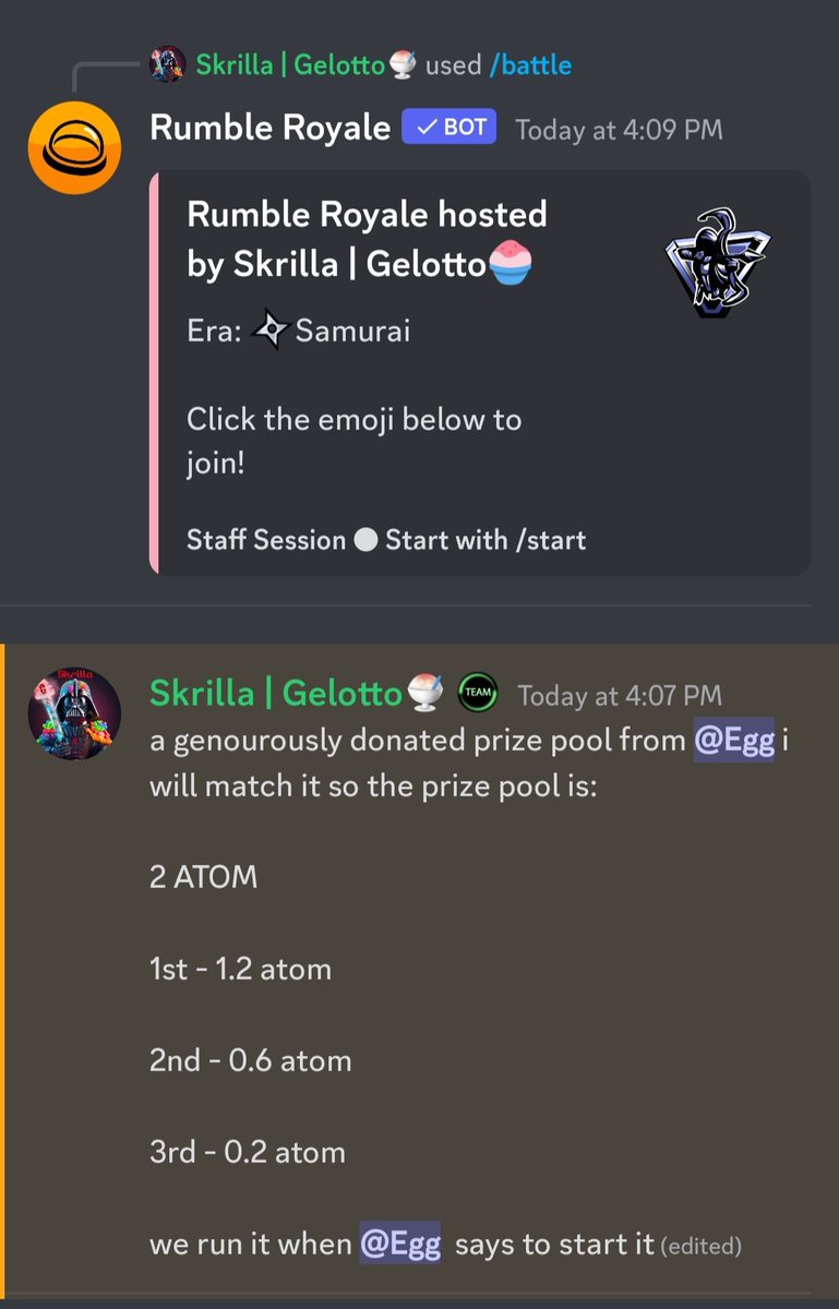 Here in about 4 to 5 hours 2 atom split between top three players will be sent out over on the <a href="/Gelotto2/">Gelotto🍦| $GLTO</a> discord to enter just join the discord at discord.gg/KEa28EFusj and go to the royal rumble channel and hit the emoji on the pinned message. <a href="/junonetwork/">Junø</a> #cosmos  #contest
