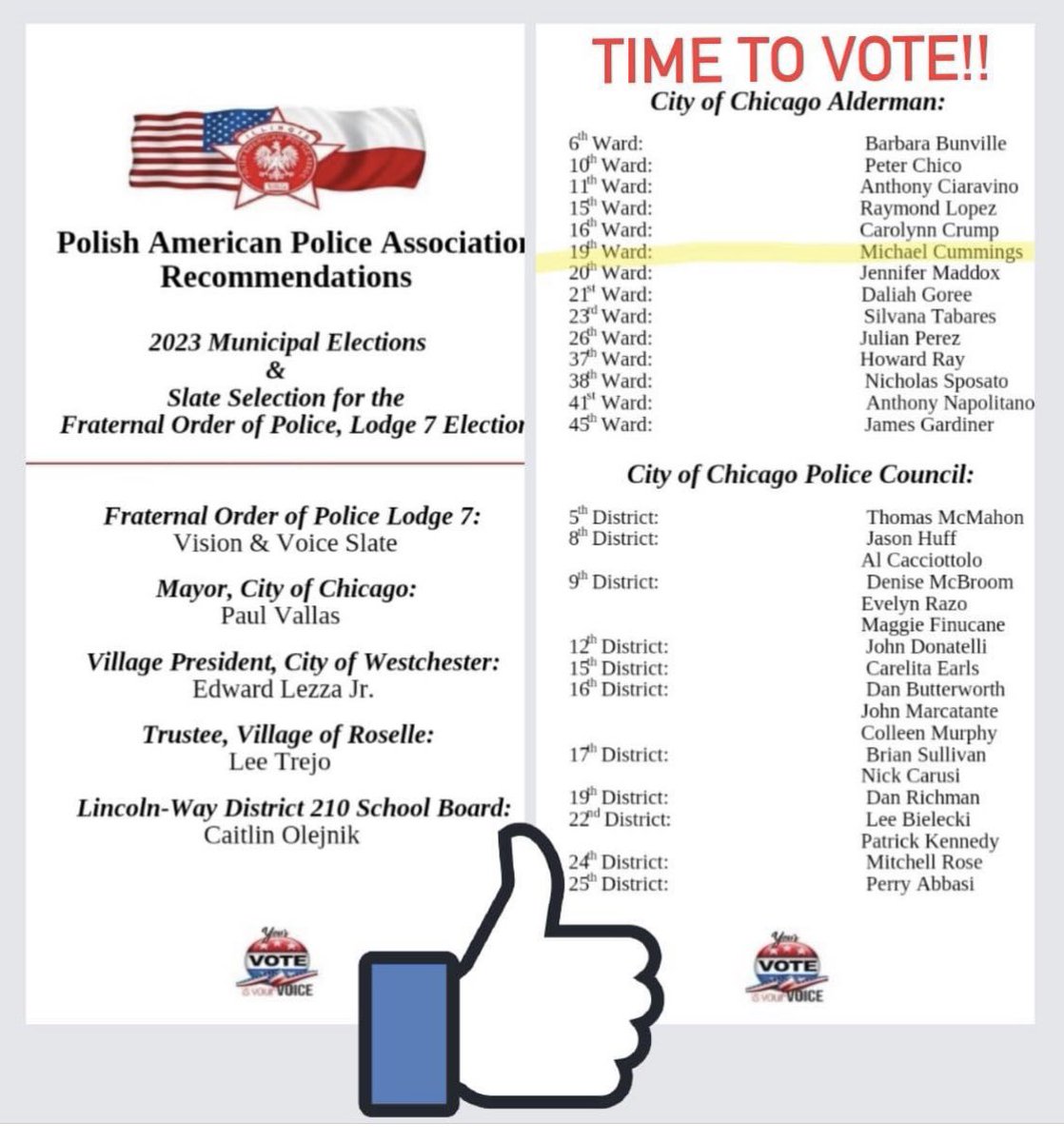 Thank you to the Polish American Police Association for their recommendations and support! #punch53, #thenew19, #timetovote, #19thWard, #southside