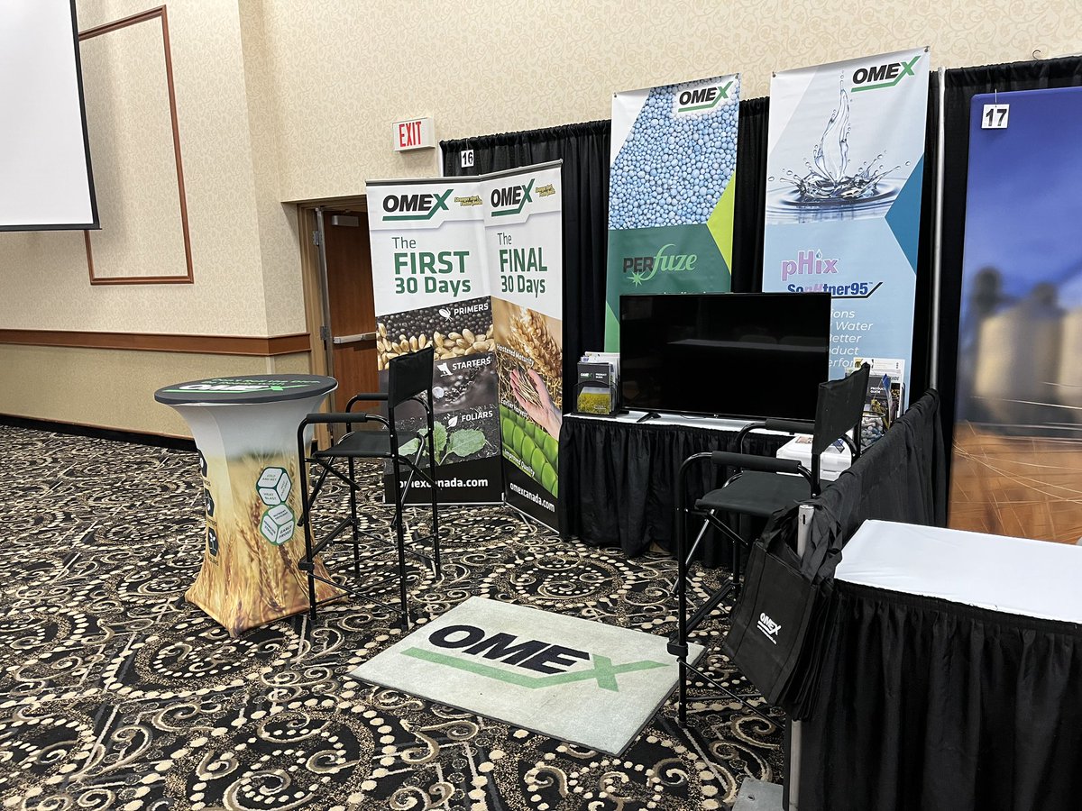 OmexCanada's tweet photo. We are all set up for tomorrow! Donโt forget to stop by booth 16 & say hello! #CropConnect #GrowWithOMEX #25YearsGrowingWithFarmers https://t.co/T8gRUlP4G0