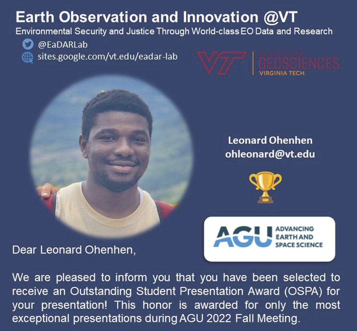 shirzaei's tweet image. I am so excited to announce @Leonardgeol of @EaDARLab has received Outstanding Student Presentation Award for his presentation @theAGU 2022. Many congratulations, Leonard!
@VT_Science @vtgeosciences @VTresearch