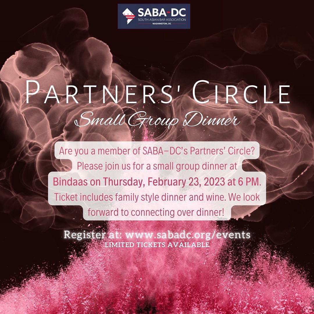 SABADC's tweet image. The #SABADC Partners' Circle is hosting a small group dinner on Feb. 23 at Bindaas. This is a great opportunity for Partners in the SABA community to meet, mingle, &amp;amp; discuss issues unique to this stage in their careers. Space is limited. Register at sabadc.org/events.