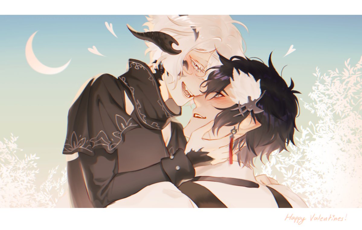 black hair jewelry horns short hair looking at another white hair 2boys  illustration images