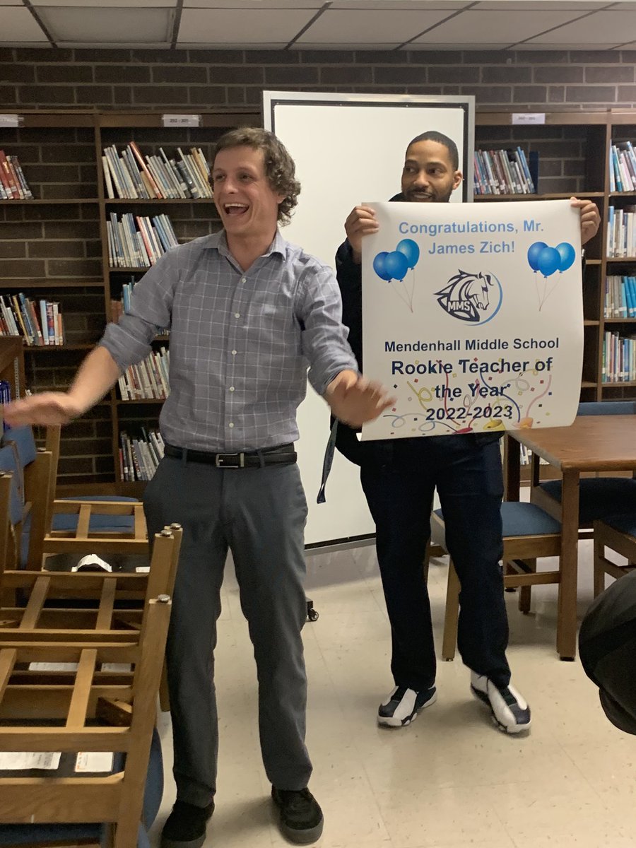 Today, we celebrated our Teacher of the Year, Mr. Davis, and Rookie Teacher of the Year, Mr. Zich! Their families were able to surprise them and help us celebrate this afternoon! 🎉<a href="/MendenhallGCS/">Mendenhall Middle School</a> @drjamiekingGCS @BandMendenhall