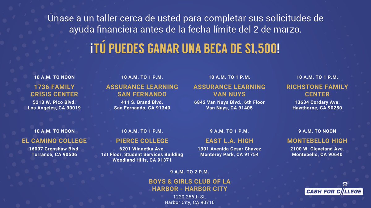 Do you have students needing extra help completing their FAFSA or CADAA?  Cash for College will host workshops to complete financial aid applications on February 25th.  Let’s support the class of 2023!  #lausd2023 #FAFSA #CADAA #lacashforcollege