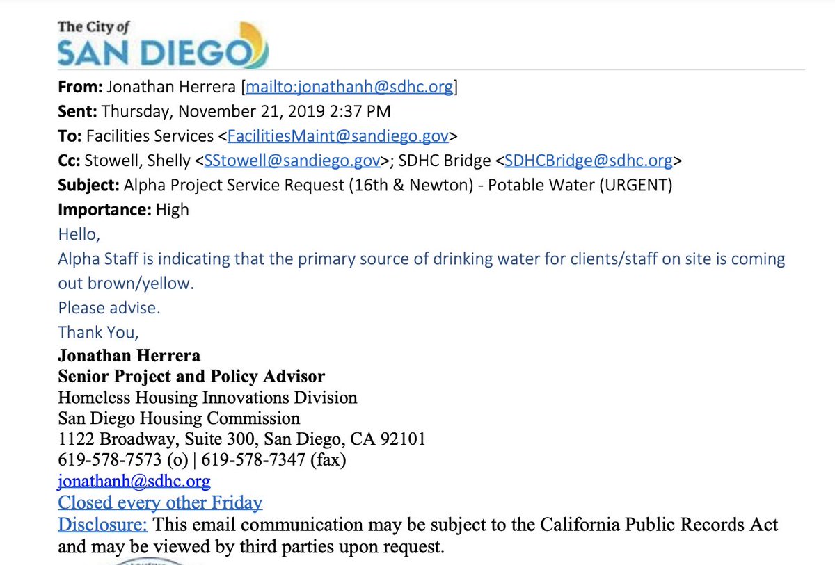 LoriSaldanaSD's tweet photo. Re the new #SanDiego #hepatitisA outbreak: 
#AlphaProjectSD shelters are NOT attached to the city's water/wastewater systems
They've struggled w/lack of potable water, sewage leaks &amp; broken showers
This makes it more likely for #HepA to spread in congregate shelter environment
1/ https://t.co/9e3weW3WSV