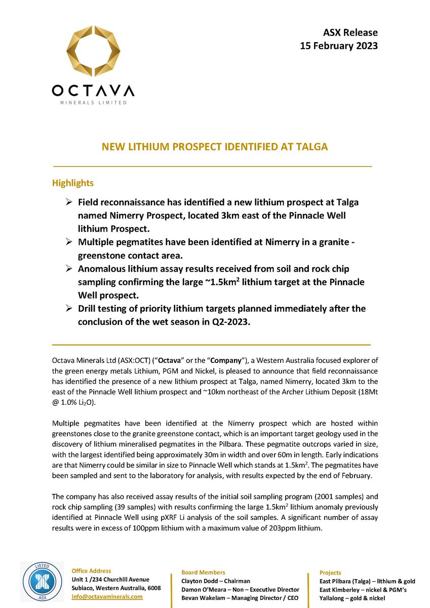 OctavaMins's tweet photo. 🔊NEW #LITHIUM PROSPECT IDENTIFIED AT TALGA
🟡located 3km east of the Pinnacle Well lithium prospect
🟡drill testing of priority lithium 🎯planned immediately after wet season Q2-2023

Read more: https://t.co/5Fb6QrbafO

#exploration #asxnews $OCT https://t.co/LarVBDWRgP