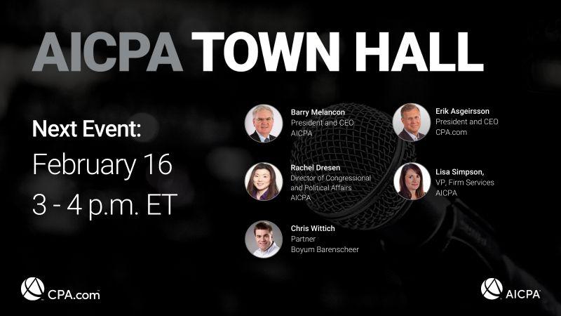 AICPA CEO Barry Melancon returns to this week’s #AICPATownHall to discuss issues impacting the profession. Plus, hear practitioner discussions on managing clients impacted by Sec. 174 R&amp;D of the Tax Cuts and Jobs Act and handling tax season workload. ow.ly/j933104uOPH