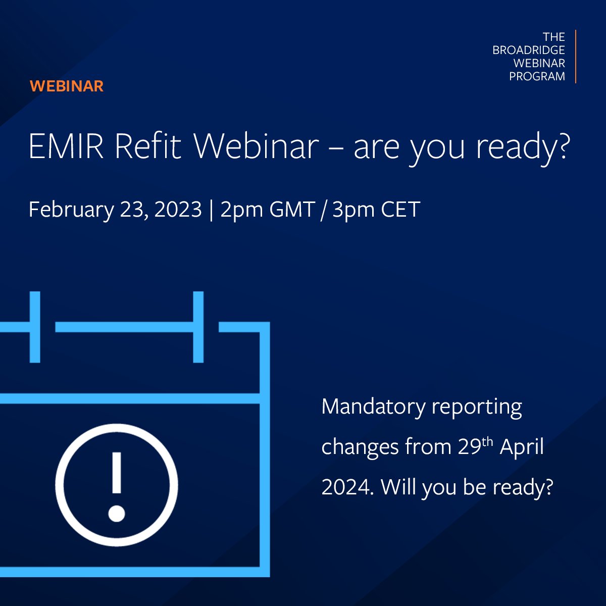 EMIR Refit goes live on 29th April 2024 and requires a significant change to the reportable fields and other important changes. Register for this webinar now to learn how you can future-proof your reporting set-up.

#EMIRRefit   bit.ly/3Ipuubh