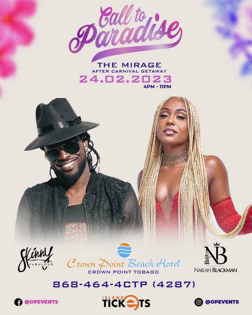 Clarke8681's tweet photo. An Experience like no other awaits with Trinidad and Tobago's mega soca stars!!! 

As @skinnyfabulous &amp;  @nailahblackman say Come Home to...
(CALL TO PARADISE 4 THE MIRAGE) 

Answer the Call &amp; Live the Experience! 

ONLINE TICKETS:
 https://t.co/1qbx4282Qz
↕️‼️↕️‼️↕️‼️↕️‼️↕️‼️ https://t.co/GRX63XoVBW