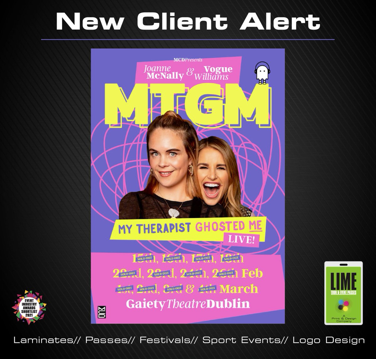 Delighted to have <a href="/VogueWilliams/">Vogue Williams</a> &amp; <a href="/jomcnally/">Joanne McNally</a> with there record breaking show #mtgm my therapist ghosted me as new clients, tour laminated passes dropped off today for the start of their sold out shows in Dublins Gaiety Theatre <a href="/gaiety_theatre/">The Gaiety Theatre</a> #backstagepass #backstage #vip #aaa