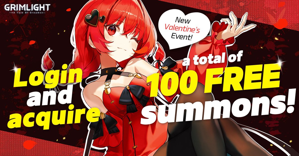 Hello Dreamers! 

Our Valentine's Event has begun!
Log in over 7 days and acquire a total of 100 Free Summons from our Memory Festival Event! Available 2/14 - 3/1

#grimlight